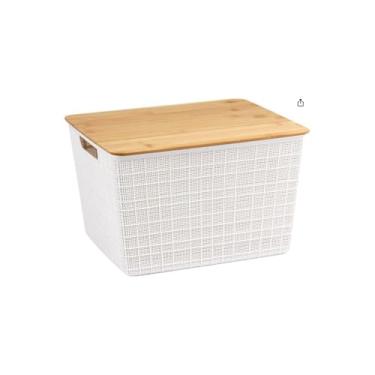 Imagem de Caixa Organizadora Plástica com Alças em Madeira, Branca, 14x32x20cm, para Casa e Escritório, Design Moderno e Minimalista