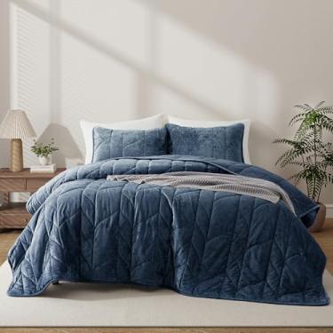 Imagem de Oli Anderson Conjunto de colcha de veludo tamanho queen - colcha leve - conjunto de edredom de veludo macio - jogo de cama acolchoado reversível para todas as estações - azul marinho - 3 peças (1