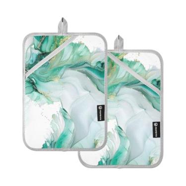Imagem de Conjunto de 2 suportes de panela de mármore verde branco para cozinha com bolsos resistentes ao calor, luvas de forno para bancada, cozinha doméstica, assar, churrasco