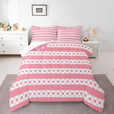 Imagem de jejeloiu Conjunto de cama xadrez macio para meninos e meninas, conjunto de edredom Queen Size rosa e branco de microfibra, bandeira americana, decoração de quarto, 3 peças com 2 fronhas