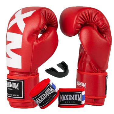 Imagem de Kit Luva De Boxe Muay Thai MXM Vermelho e Branco + Bandagem 3m + Protetor Bucal - Maximum Boxing-Unissex