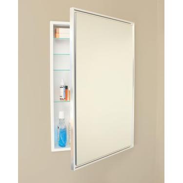 Imagem de Armário de remédios para banheiro embutido retangular Parker Metro Metro 50 x 71 cm, espelho flutuante, abertura de parede, aço revestido a pó, prateleiras de vidro ajustáveis, fecho magnético