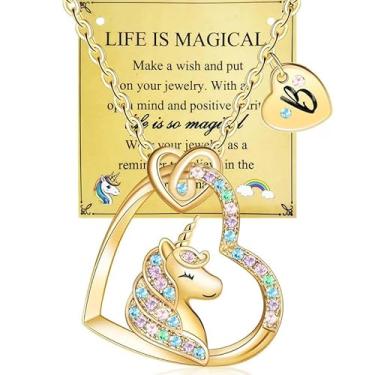 Imagem de Afcrho Colar de unicórnio, presente, pingente de coração colorido, colar de unicórnio, joias, presente de aniversário, unicórnios, presente B, colares de coração e unicórnios, joias