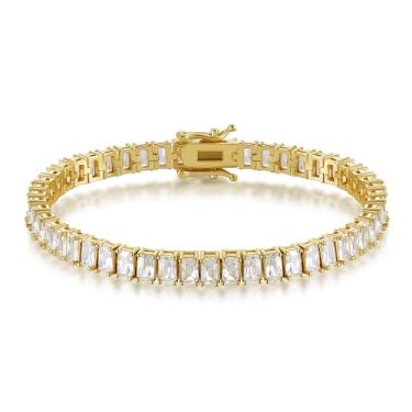Imagem de Pulseira feminina clássica de tênis banhada a ouro 14K com zircônia cúbica de 5 mm, adequada para uso diário e ocasiões especiais, Medium(Medium), Cobre, Zircônia cúbica