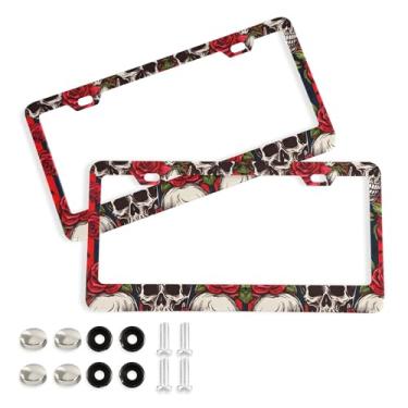 Imagem de SEHANY Molduras de placa de carro vintage rosa crânio, capas de alumínio à prova de ferrugem com furos elípticos e parafusos serve para veículos padrão dos EUA tamanho acessórios de carro para