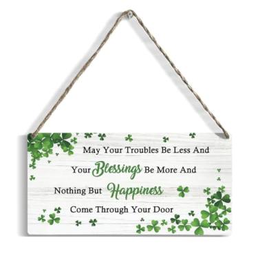 Imagem de HTBIG Decoração do Dia de São Patrício, May Your Troubles Be Less And Your Blessings Be More And Nothing But Happiness Come Through Your Door Hanging Wood Sign, decoração de parede rústica de casa de