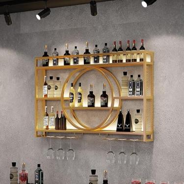 Imagem de GKPSSURV Suporte de garrafa de metal para bar industrial montado na parede, suporte para copos de vinho, armário de bebidas, suporte de vinho, prateleira de parede, rack de exibição multifuncional de