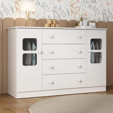 Imagem de Cômoda Infantil 125cm 2 Portas com Vidro e 4 Gavetas Brisa Multimóveis Mp4429 Branco