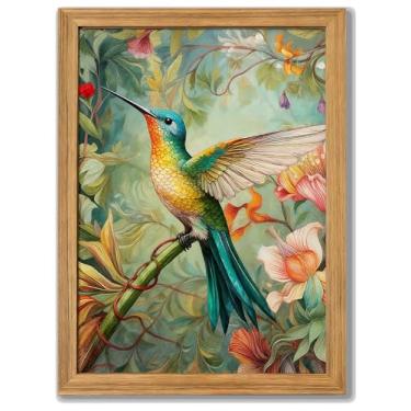 Imagem de Impressão de parede de beija-flor de 40,6 x 60,8 cm, pintura emoldurada, pintura colorida, pássaro, natureza, botânico, com floral, decoração de casa, para sala de estar, jantar, sala de estudo