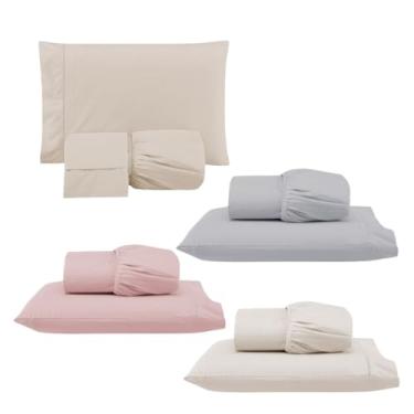 Imagem de Kit 4 Jogos de Lençol com Elástico e Fronha Bordada em Ponto Palito, 1 Casal Padrão 188x138x30cm e 3 Solteiros 138x88x30cm (4 Jogos Versat(Casal:Cáqui e Solteiros:Rosê/Cinza/Palha))