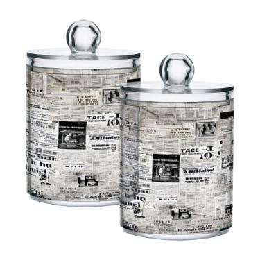 Imagem de Qilmy Old News Papers Suporte Qtip pacote com 2, frascos de boticário de 400 ml, vasilha organizadora de banheiro para Qtips, cotonetes de algodão, bolas de algodão, almofadas cosméticas, irrigadores