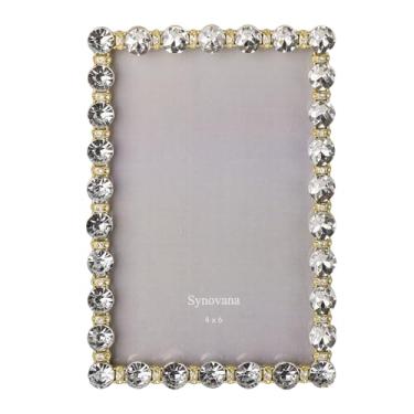 Imagem de Synovana Porta-retrato elegante com strass de cristal 10 x 15 cm – Moldura de mesa com acabamento dourado brilhante para casamento, aniversário, presente de exibição