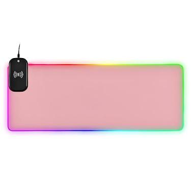 Imagem de Mouse pad para jogos RGB extra grande rosa com carregamento rápido sem fio Qi de 15 W, 14 modos de iluminação, mouse pad de LED macio estendido, base de borracha antiderrapante, mouse e teclado 80 cm × 28 cm