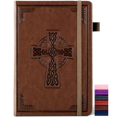 Imagem de CAGIE Agenda forrada com relevo para homens e mulheres com design cruzado - Papel pautado universitário 100GSM - Caderno de couro A5 de capa dura com 320 páginas, marrom