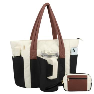 Imagem de ahzske Bolsa feminina com bolso frontal para copos, bolsa acolchoada com alça de transporte marrom, Preto, branco e marrom, Bolsa casual