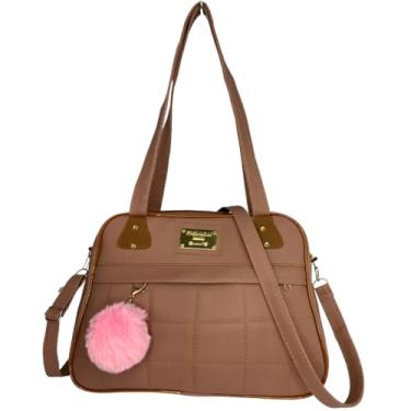 Imagem de Bolsa Feminina Elegante, Couro Sintético Marrom, Alça Transversal, Detalhe Pompom Rosa (Rose)