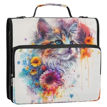 Imagem de Organizador de fichário de trabalho com zíper 3 argolas de 3 anéis, pasta de armazenamento de flores de gato fofa, resistente, com alça e alça para escola