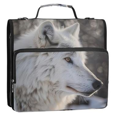 Imagem de Fichários de 3 anéis com estampa de lobo branco, 3 anéis, fichário com zíper, resistente, com alça, bolsa de ensino médio, carteira de estudante, suporte para 500 folhas