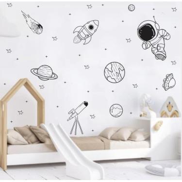 Imagem de adesivo de parede astronauta planetas foguete e luneta preto decoração