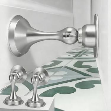 Imagem de Batente de porta magnético, sem perfuração, suporte magnético para porta de porta batentes de porta de níquel escovado de aço inoxidável com fita adesiva dupla face, prata, pacote com 2