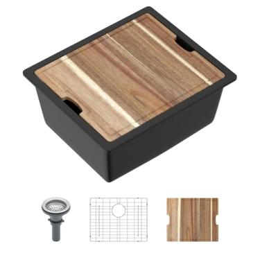 Imagem de Pia de barra de montagem inferior de 53 cm x 45,7 cm, mini barra molhada, quartzo branco, granito, composto, pequena cozinha, pias para trailers, tigela única, bacia de ilha externa com tábua de corte