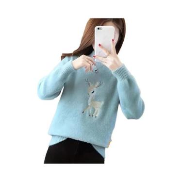 Imagem de Suéter Feminino Com Estampa De Cervo, Gola Alta, Manga Longa, Pulôver 