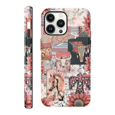 Imagem de Vulfwela Capa de telefone para iPhone 13 Pro de 6,1 polegadas Western Boho Collage, 2 em 1, chapéu de cowboy rosa vintage, cavalos, cabeça de touro, floral, capa de telefone country oeste, à prova de