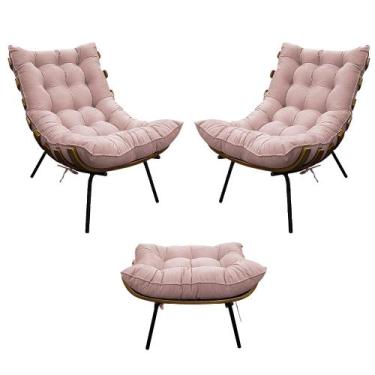 Imagem de Kit 02 Poltronas e Puff Costela Base Fixa Suede Rosê - Doce Sonho Móve