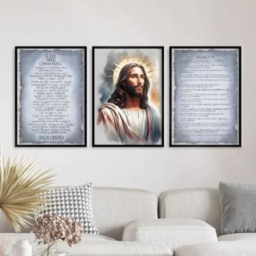 Imagem de Kit 3 Quadros Jesus Cinza E Dourado - Salmos 91 33X24Cm