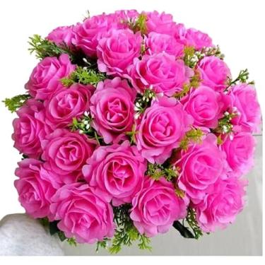 Imagem de Buquê de Rosas Artificiais com Folhagem – Kit com 2 Unidades (24 Flores Cada) para Decoração, Casamento e Ambientes Internos(Rosa escuro 4581/3916,2)