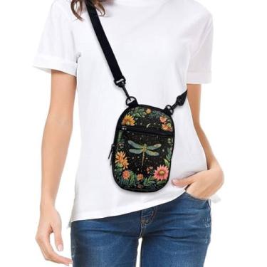 Imagem de Bolsa feminina pequena a tiracolo para celular, carteira com zíper, bolsa carteiro com alça ajustável, Libélul