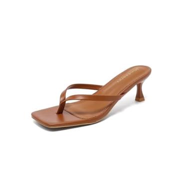 Imagem de Mindeeryy Sandálias tipo tanga salto gatinho bico quadrado chinelos sem cadarço para mulheres salto baixo salto baixo 6 cm para uso casual, Marrom, 37