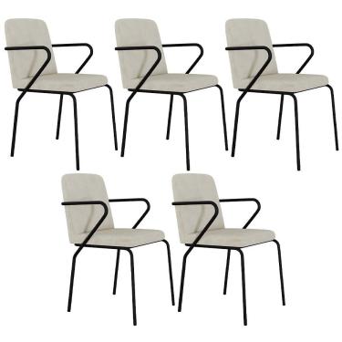 Imagem de Kit 05 Cadeiras Estofada Para Sala De Jantar Com Braço Loft Preto C01 Bouclê Vanilla - Lyam Decor