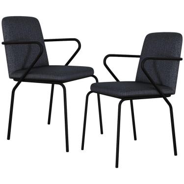 Imagem de Kit 02 Cadeiras Estofada Para Sala De Jantar Com Braço Loft Preto C01 Linho Grafite - Lyam Decor