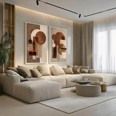 Imagem de Conjunto 2 Quadros Decorativos com Moldura Caixa Abstrato Marrom Linha