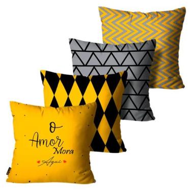 Imagem de Kit C/ 4 Capas Para Almofada O Amor Mora Aqui Amarelo 45x45 - Mdecore