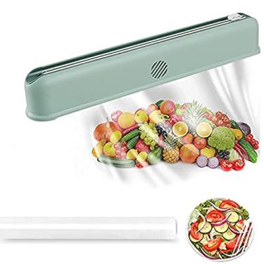 Imagem de Dispensador de plástico SANGRONG com cortador deslizante, reutilizável, suporte na parede de cozinha, dispensador de plástico com ímã e ventosa, dispensador de lata/alumínio de cozinha com 1 rolo de embrulho de alimentos. (verde)