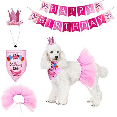 Imagem de ADOGGYGO Cão Aniversário Bandana Menino Menino - Artigos de festa de aniversário - Saia tutu chapéu coroa cachecol feliz aniversário banner cão menino menina aniversário roupa para pet filhote gatoADOGGYGO rosa
