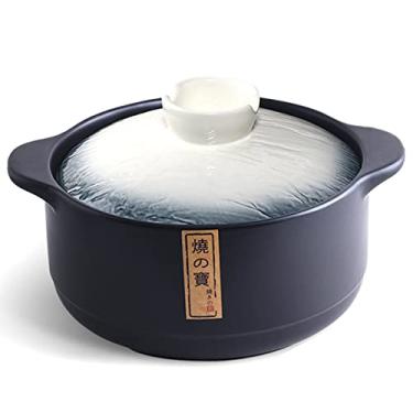 Imagem de QWERTYUI Caçarola de cerâmica, panela de barro, donabe japonês, redonda, panela de barro, panelas de cerâmica, resistente ao calor, para uso diário, bibimbap e sopa, azul pedra, 3L