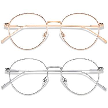 Imagem de ANDWOOD Óculos com bloqueio de luz azul, feminino, masculino, rosto pequeno, bloqueador de luz azul, superleve, armação de metal redonda, (Pacote com 2) ouro rosa + prata | Lente anti-luz azul, P