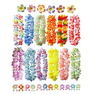 Imagem de 50 peças macias havaianas Leis Luau Party Decorações tropicais lembrancinhas de festa Leis Hawaiian Flower Prendedor de cabelo, bandanas e pulseiras perfeitas para sua festa havaiana Luaus