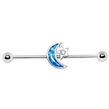 Imagem de Pierced Coruja Azul Sintético Opala Lua e CZ Cristal Realçado Estrela Industrial Brinco de Barra