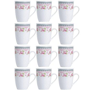 Imagem de Conjunto 12 Canecas de Porcelana Xícaras de Chá 310ml com Tampa Filtro Inox Infusor Lyor Rosa