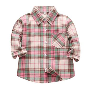 Imagem de Zanjkr Camiseta infantil para meninos, camisa de flanela listrada xadrez manga longa lapela com botões (marrom, 18 a 24 meses)