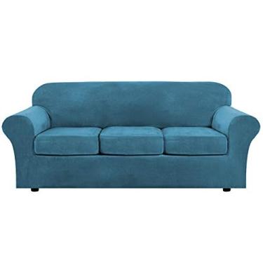 Imagem de Moderna Veludo Plush 4 Peça Alta Estonte sofá slipcover sofá capa Protetor de móveis Forma Fit Luxury Thick Velvet Sofá Capa para 3 Sofá almofada, Máquina Lavável (Sofá, Azul Pavão)