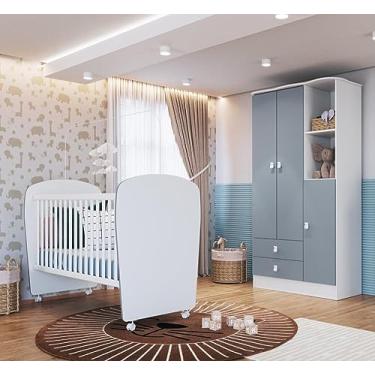 Imagem de Quarto de Bebê Completo Guarda Roupa 3 Portas 2 Gavetas com Berço Lua Móveis Percasa Branco/azul