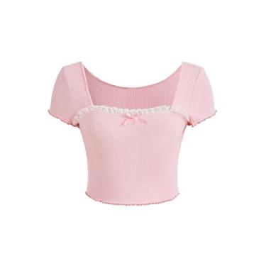 Imagem de Milumia Camiseta feminina de malha canelada com acabamento em renda, manga curta, gola redonda, Rosa claro, G