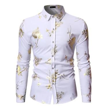 Imagem de Camisa social masculina manga longa slim fit floral com estampa rosa dourada brilhante, Branco 3, PP