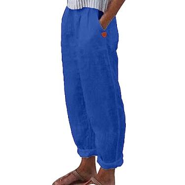 Imagem de Calça feminina de linho casual de verão elástica Wasit perna reta calça de algodão cropped praia férias para mulheres com bolsos, Azul, XX-Large