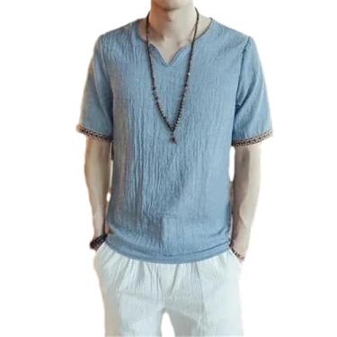 Imagem de Camiseta masculina verão algodão linho Hanfu manga curta vintage estilo chinês tang terno camiseta de linho estilo casual, Azul jeans Tx01, M